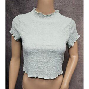 DOUBLE ZERO SPICY S GREEN BLUE SMOCKED MOCK LETTUCE SLIM FIT CROP CRINKLE TOP